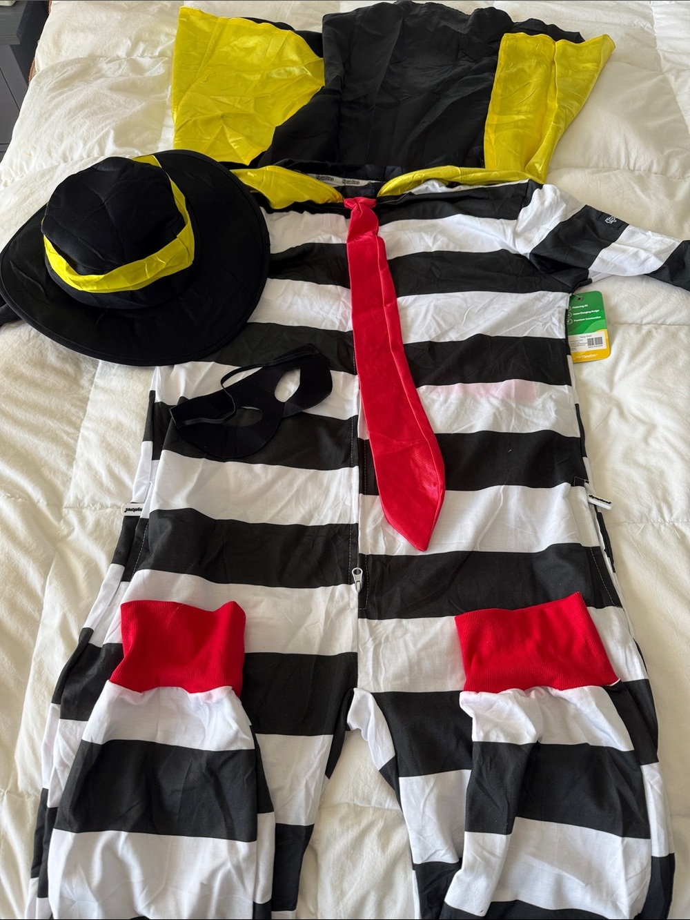 Adult Black & White Striped Hamburger thief Costume with cape, hat, mask